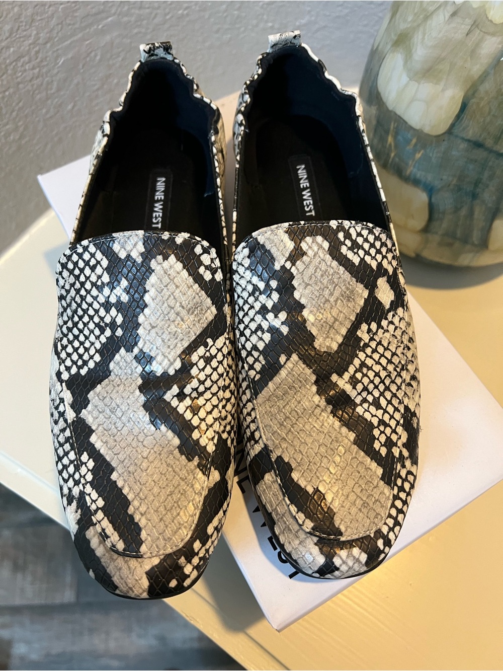 Nine West Black and White Snake-Print Ballet Flats